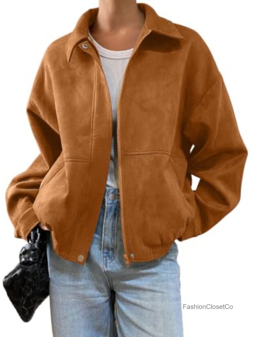 Faux Suede Bomber Jacket Oversized Zip Up Cropped Coat